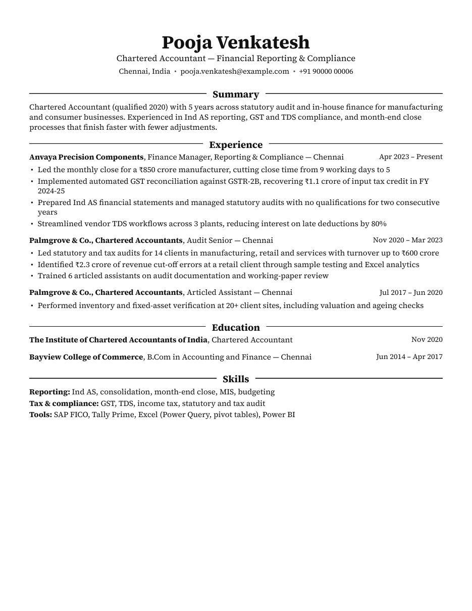 Chartered Accountant resume example preview