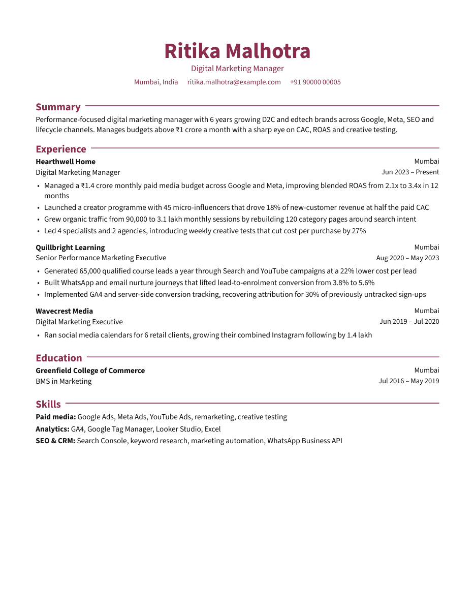 Digital Marketing Manager resume example preview