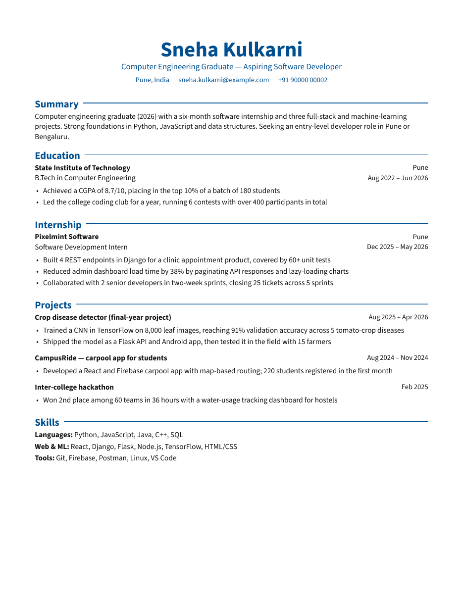 Fresher B.Tech Graduate resume example preview