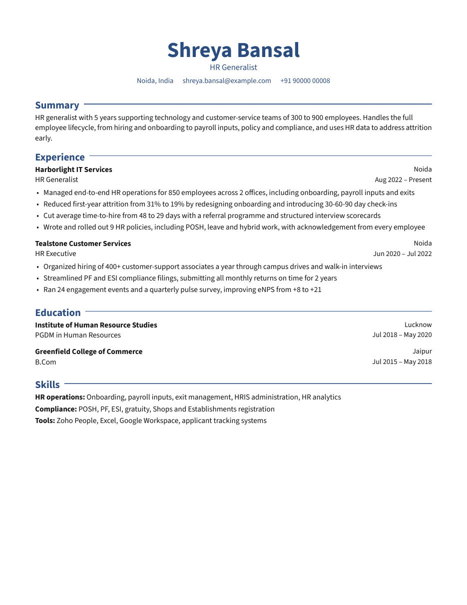HR Generalist resume example preview