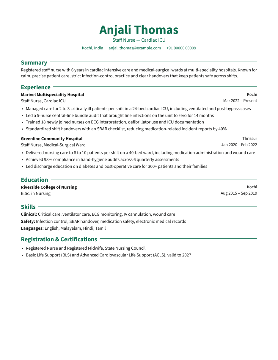 Staff Nurse resume example preview